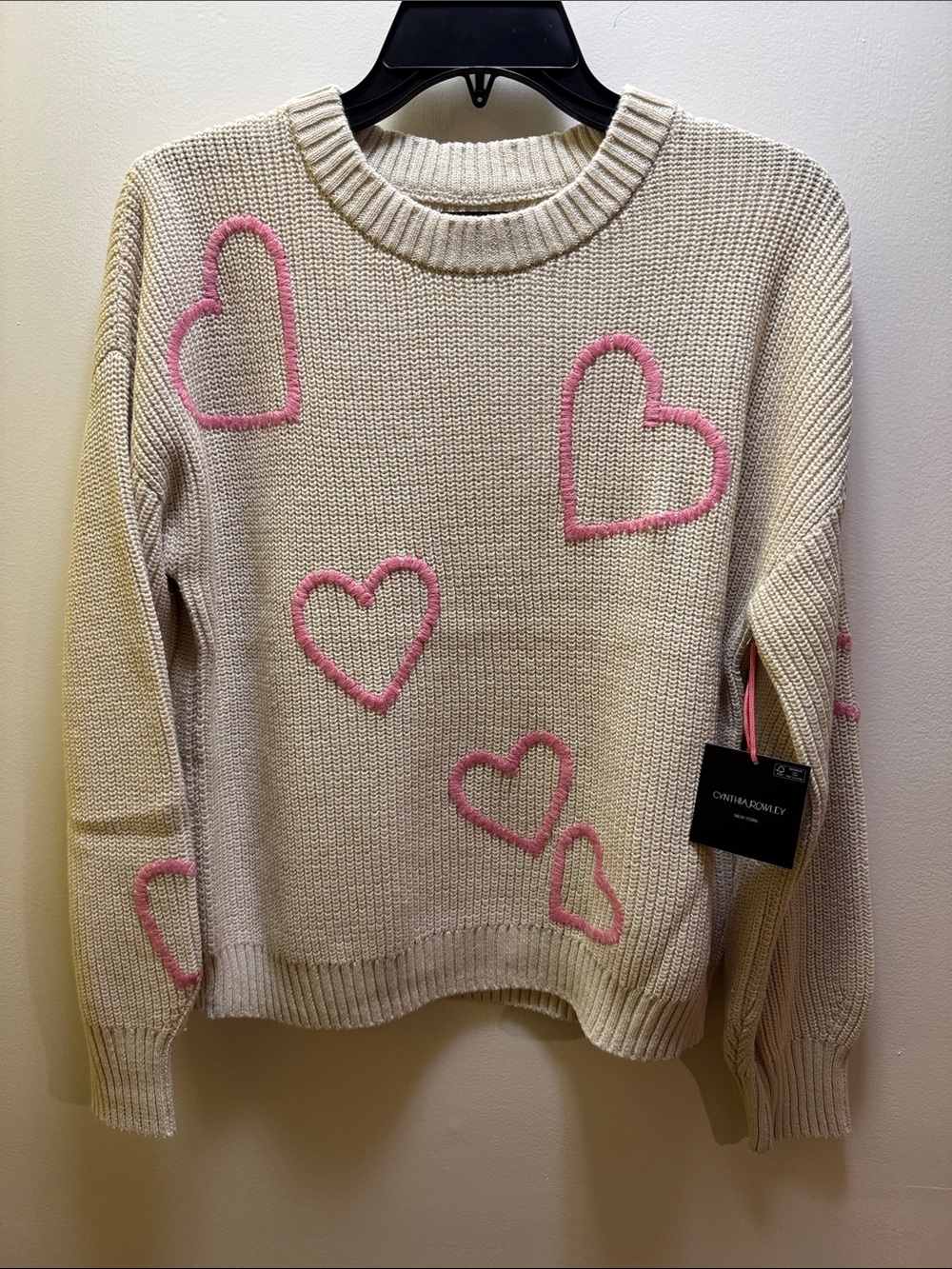 Cynthia Rowley Cream Crewneck Sweater with Pink Heart Motifs